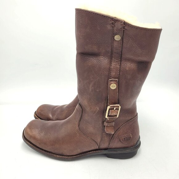 Ugg Bellevue Women's Sz 6.5 Leather & Genuine Sheepskin Wool Winter Boots Brown - Picture 2 of 16